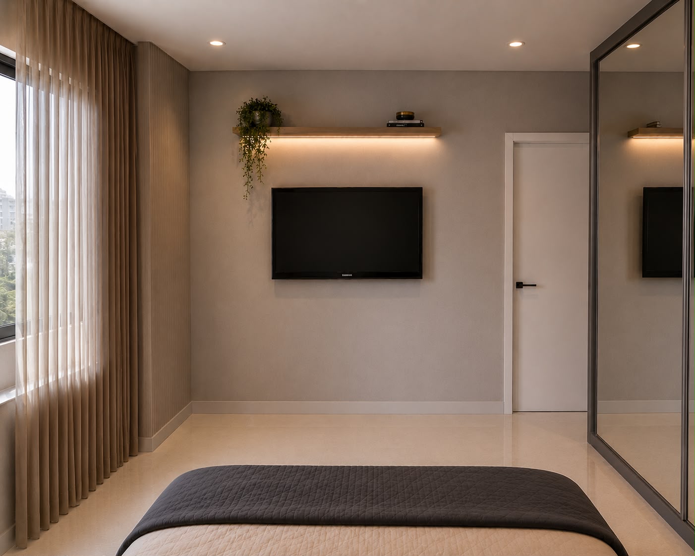 Quarto com painel de TV e iluminação indireta