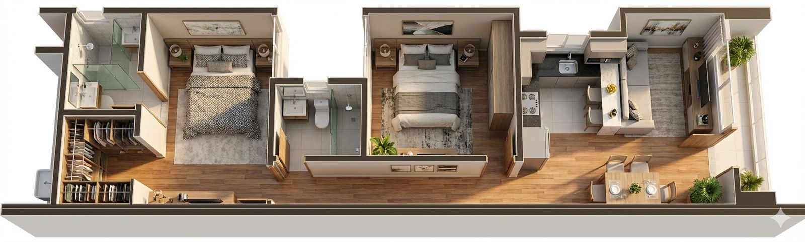 Planta humanizada 3D da casa de 74 m² com os dois quartos, banheiros, cozinha e sala