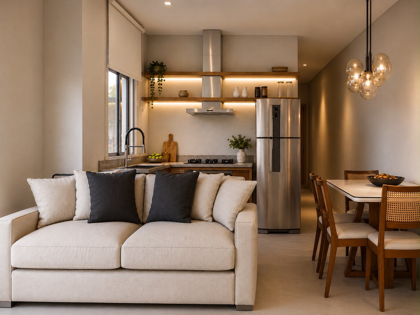Sala de estar integrada à cozinha com sofá claro e mesa de jantar