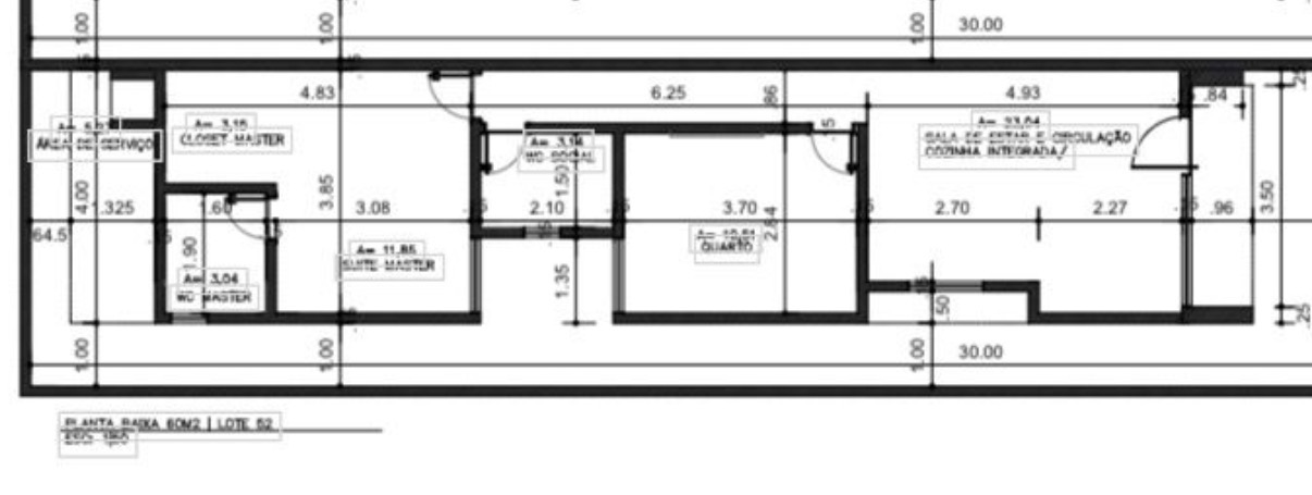 Planta baixa técnica 2D da casa com medidas de cada ambiente